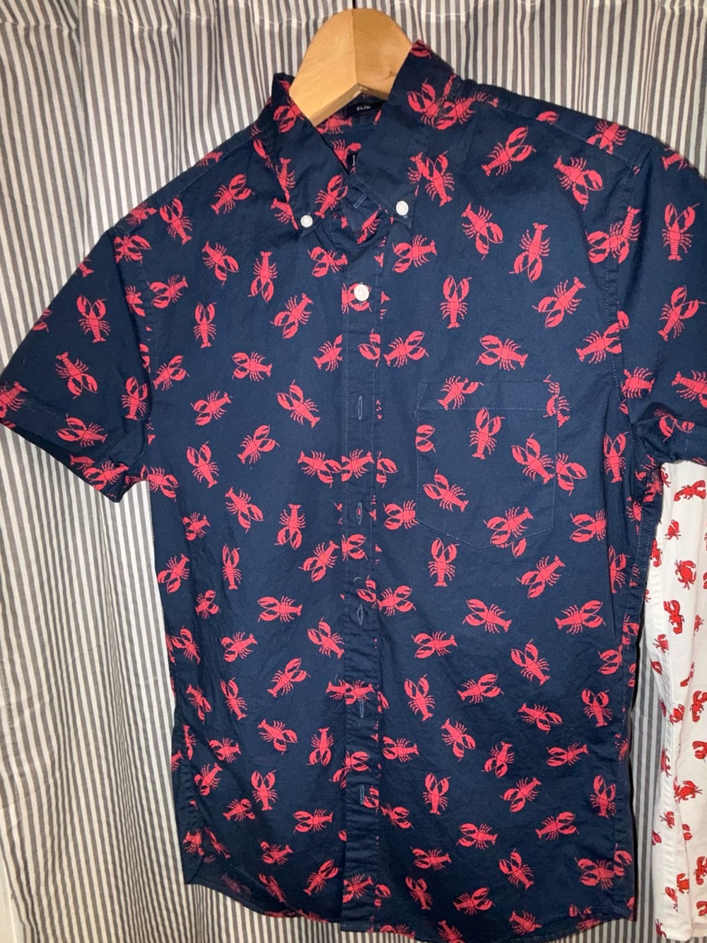 J Crew Navy Short-Sleeve Button-Down Shirt with Red Lobster Print